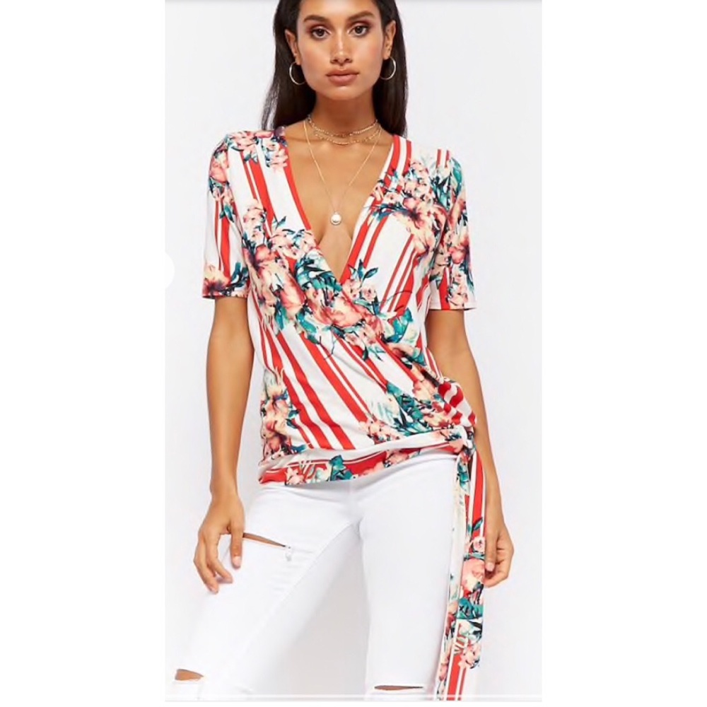 Cute Striped Floral Surplice Top